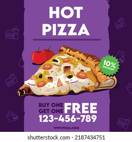 Hot Pizza flyer ads with purple background. Flyer template with pizza slices on desk background with pepperoni and margherita slice