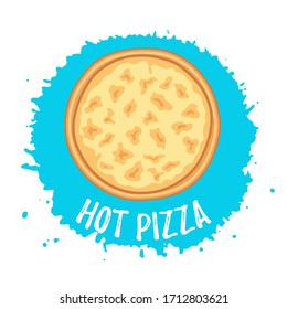 Hot pizza four cheese top view on paint stain background. Flat tasty traditional italian fast food logo. Vector illustration for web, advert, menu