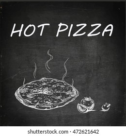 Hot pizza. Hand drawn vector stock illustration. Chalk board drawing.