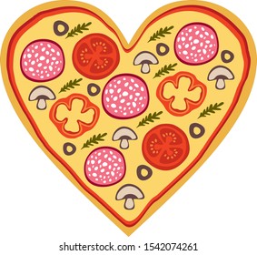 Hot pizza. 
Heart shaped pizza. White isolated 