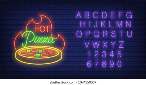 Hot pizza lettering, flame above pizza, English alphabet and numbers neon signs set. Neon sign, night bright advertisement, colorful signboard, light banner. Vector illustration in neon style.