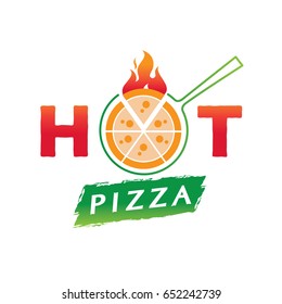 hot pizza logo design with flame and wood chop illustration