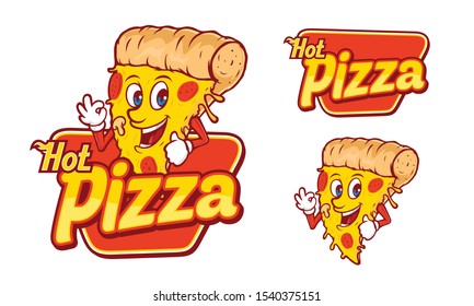 Hot Pizza logo template, with funny character cartoon vector