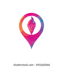 Plantilla de diseño del logotipo de la forma del pin de mapa de pizzas calientes. Logo de Pizza caliente plantilla vectorial retro hipster.	