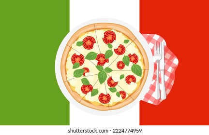 Hot pizza Margarita on the background of the Italian flag. Italian fast food. Italy snack with tomatoes, basil and mozzarella cheese. Flat vector illustration