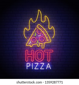 Hot pizza. Neon pattern. Bright signboard, pizzeria logo, banner, emblem and label. Neon pizza ads. Vector illustration