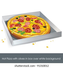 Hot Pizza with olives in box over white background. Abstract Elegance food.