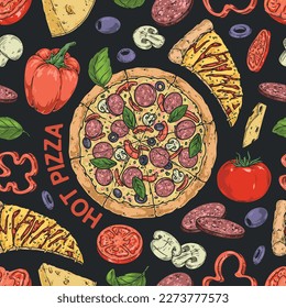 Patrón de pizza caliente sin fisuras colorido con todo el pastel italiano sobre corteza delgada para decorar contadores o pizzería menú ilustración vectorial