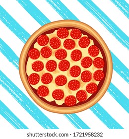 Hot pizza pepperoni top view on striped blue brush stroke hand drawn grunge background. Flat tasty traditional italian fast food design. Vector illustration for web, advert, menu