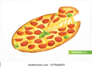 Hot pizza with piece realistic composition with image of round pepperoni with slice on blank background vector illustration