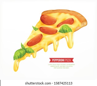 Hot pizza piece realistic composition with editable text and image of pepperoni slice on blank background vector illustration
