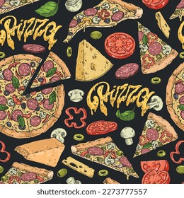 Hot pizza seamless pattern colorful with ingredients for appetizer and ready-made pepperoni from cool pizzeria vector illustration