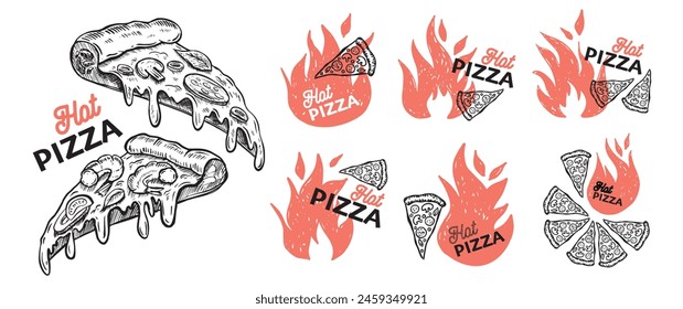 Hot Pizza set, hand drawn illustrations, vector.	