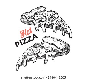 Hot Pizza set, hand drawn illustrations, vector.	