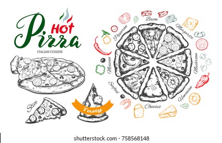 Hot Pizza set with ingredients and different types of pizza slices. Vector hand drawn illustration. Modern brushpen Calligraphy, Lettering. Sketch styled isolated objects