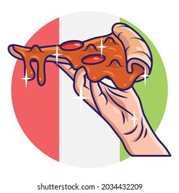 Warme Pizzaausschnitt mit Schmelzkäse auf Hands Concept Design. Premium-Vektorgrafik