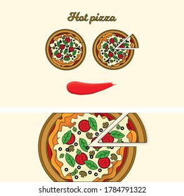 Hot pizza straight from the oven. Bright and juicy. Ketchup smear