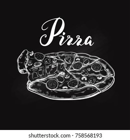 Hot Pizza. Vector hand drawn illustration. Modern brushpen Calligraphy, Lettering