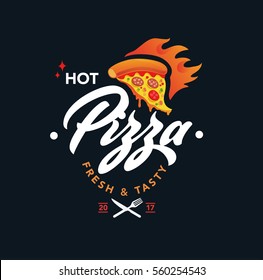 hot pizza vector logo, fast food, lettering