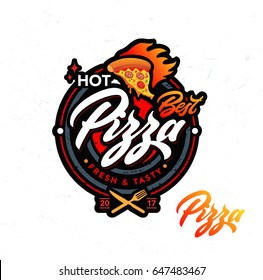 Hot pizza vector logo, lettering. Modern burgers emblem. Vector art.