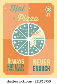 Hot pizza vintage poster in flat design style / Pizza poster with ALWAYS HOT, TASTY, FRESH, STRINGY, NEVER ENOUGH inscription / Typographic vector illustration