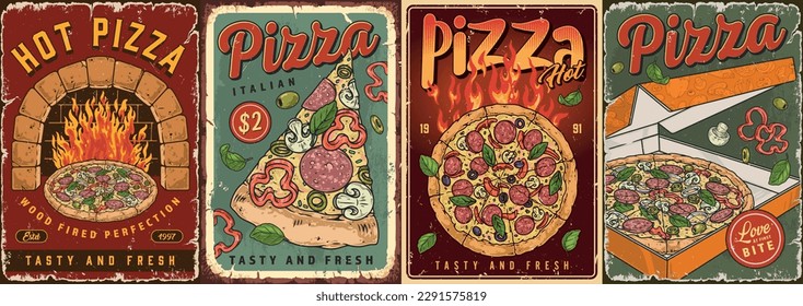 Afiches vintage de pizza caliente coloridos para la publicidad de la cocina tradicional italiana y entrega avanzada de pizzerias ilustración vectorial