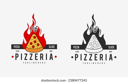  hot pizzeria restaurant vintage logo design. pizza slice symbol for food drink and restaurant.