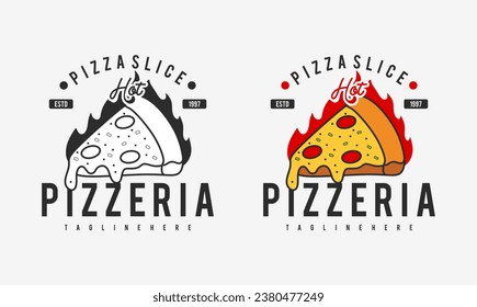  hot pizzeria restaurant vintage logo design. pizza slice symbol for food drink and restaurant.