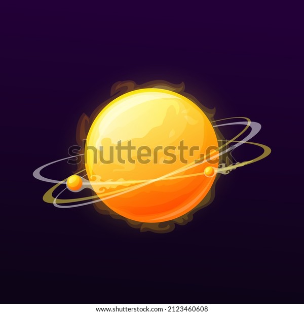 Hot planet with rings and satellites. Cosmos sci-fi\
game UI cartoon vector icon alien galaxy planet with fiery hot\
surface, deep space fantastic world sun or flaming star with rings\
on orbit