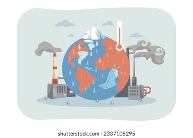 Planeta caliente que sufre de la ilustración de vectores del calentamiento global. Pobre ecología y contaminación causantes de desastres naturales, alta temperatura, glaciares derretidos. Cambio climático, concepto de ecología