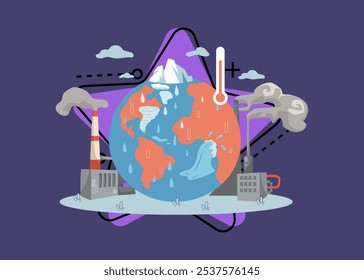 Planeta quente sofrendo de ilustração do vetor de aquecimento global. Má ecologia e poluição causando desastres naturais, altas temperaturas, derretimento de geleiras. Alterações climáticas, conceito de ecologia