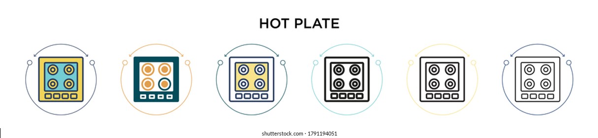 Hot plate icon in filled, thin line, outline and stroke style. Vector illustration of two colored and black hot plate vector icons designs can be used for mobile, ui, web
