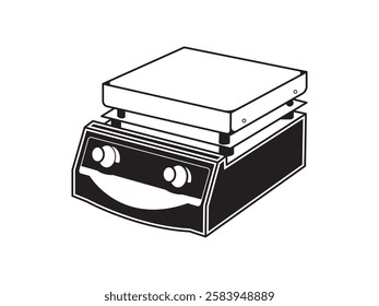 Hot Plate illustration design with a metal plate and heating element, for heating chemicals in a beaker, equipped with a temperature controller, vector realistic icon in black and white style