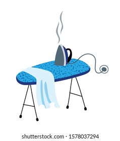 Hot plugged iron on ironing board isolated on white. Household equipment. Home domestic appliances. Housekeeping and housework. Daily housewife duties. Laundry care. Vector cartoon flat illustration