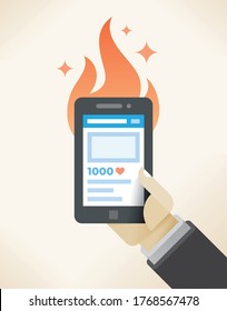 Hot Popular Social Media Post With Fire. Abstract Illustration Of Networking New Burning Article / News Event With Many Community Likes. Blogging And Vlogging (Facebook, Youtube Video Logging) Concept