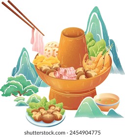 La olla caliente está llena de carne, verduras y mariscos en rodajas