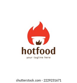 hot pot food restaurant logo with hot pot silhouette symbol icon inside fire flame