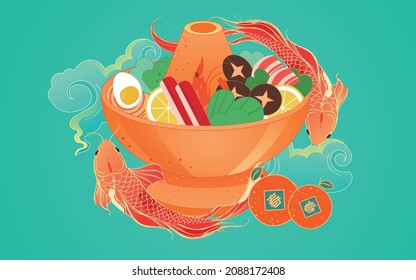 Hot pot ingredients background poster celebrating chinese new year new year's eve food illustration