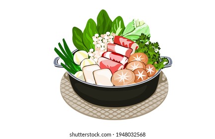 Hot pot ingredients. Beef, tofu, mushroom, vegetables, and fishball in a pot. Isolated food vector illustration on white background.  