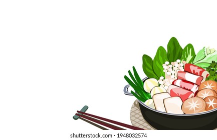 Hot pot ingredients with chopsticks. Beef, tofu, mushroom, vegetables, and fishball in a pot. Isolated food vector illustration on white background.  