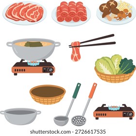 Hot Pot Ingredients And Cooking Vector Illustration Set