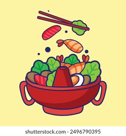 Hot pot, Japanese and Chinese style food, flat and colorful illustrations.