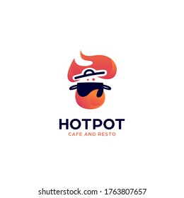 Hot pot kitchen catering restaurant logo with pot and fire flame icon symbol illustration