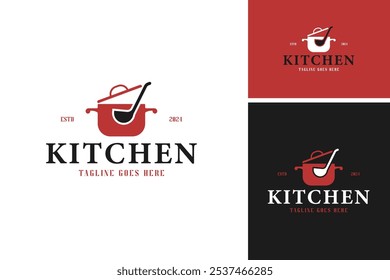 Hot pot with ladle for restaurant logo design vector illustration