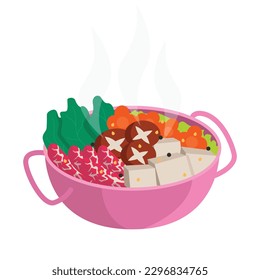 Hot pot or Shabu shabu. Vegetables, meat, herbs, tofu, black pepper, sesame and hot broth.