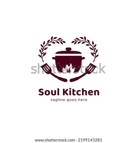 hot pot soul food soul kitchen logo with love frame. Lovely home made food kitchen restaurant logo icon template