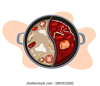 Hot Pot In Two Style Of Soup, Spicy And Non Spicy Soup. Food Vector Illustration On White Background.