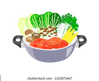 Hot pot with vegetables and meat isolated on white background.