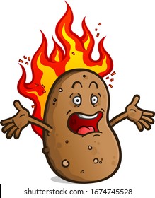 A hot potato cartoon character screaming while burning with hot fire