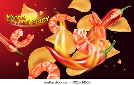 Hot potato chips with red chili pepper on fire and shrimp, red background, Realistic vector 3d illustration.